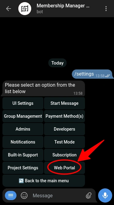 Navigating to the web portal settings in TGmembership bot