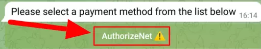 Screenshot of the AuthorizeNet button in TGmembership bot settings.