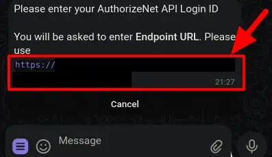 Screenshot displaying the unique endpoint URL generated by the TGmembership bot for Authorize.net notifications.