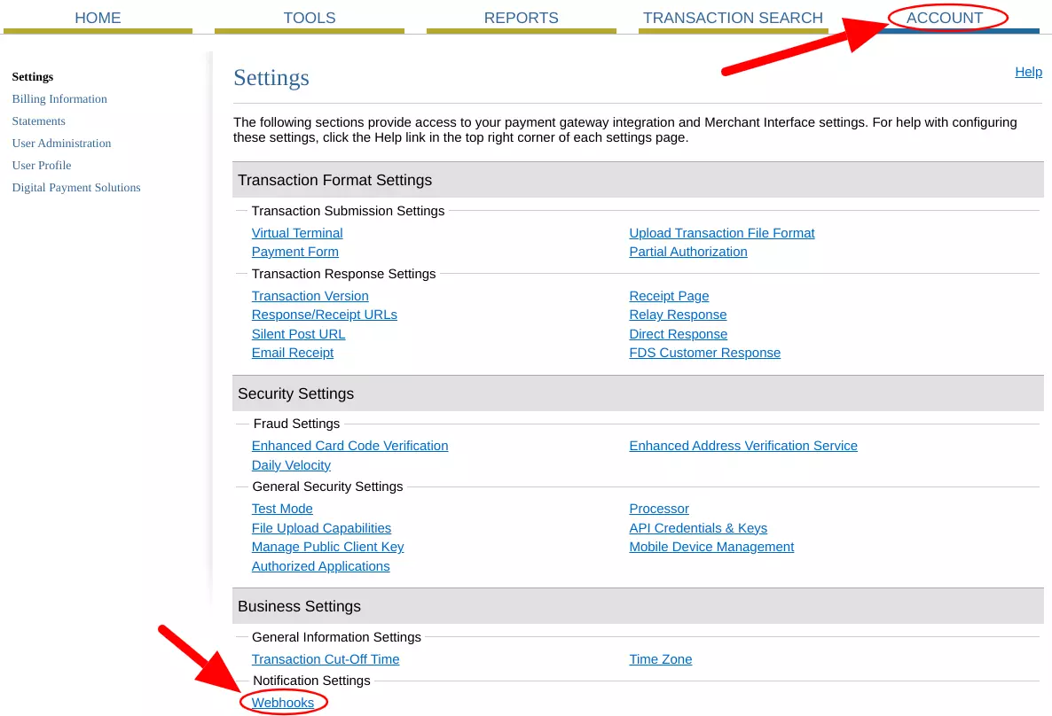 Authorize.Net Webhooks Settings