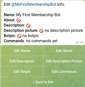 Screenshot showing the six different buttons for changing a bot's settings on Telegram's BotFather platform.