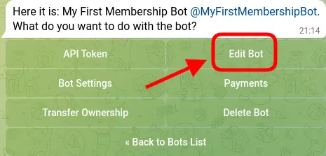 Screenshot of BotFather's menu with the 'Edit Bot' option highlighted.