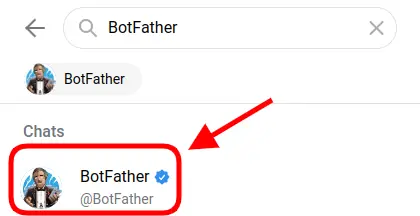 Screenshot of searching for BotFather in Telegram, highlighting the verified account.