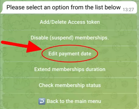 Selecting 'Edit Payment Date' from /members command