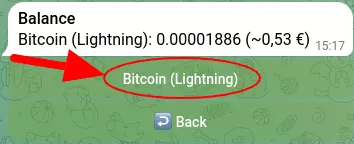 Screenshot showing Bitcoin (Lightning) balance and equivalent in EUR, with a withdrawal button.