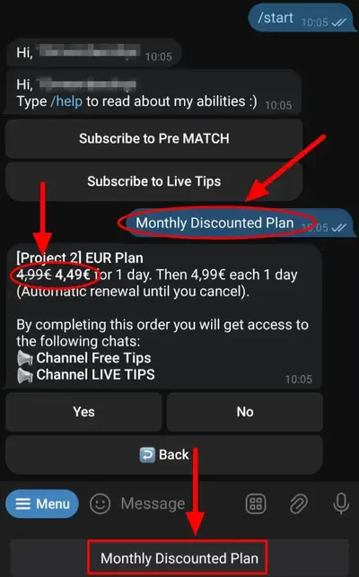 Button created with Custom Command Redirect in TGmembership showing discounted plan after click