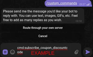 Creating a Custom Command Redirect in TGmembership: Use the prefix 'cmd:' followed by your desired command to link directly to in-bot commands, including more complex setups like applying specific plans and discount codes.