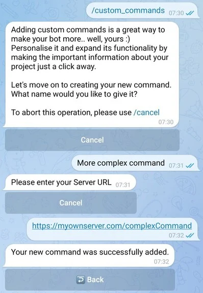 Creating an advanced custom command in TGmembership: Enter a URL address where your script is located to receive updates from Telegram and manipulate the data as needed.