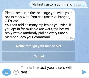 Creating a custom command in TGmembership: Enter the message that your bot will send to users when they type the command