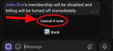 View the confirmation prompt before canceling a user's membership