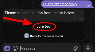 Type /disablemembership in the chat input to open the menu