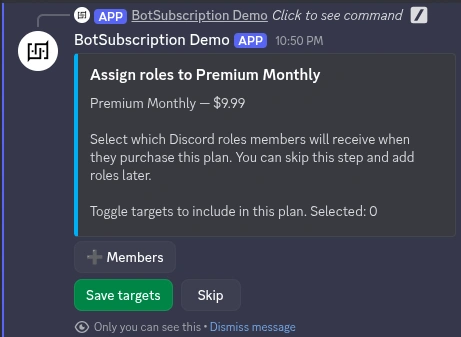 BotSubscription target assignment screen for linking targets to subscription plans