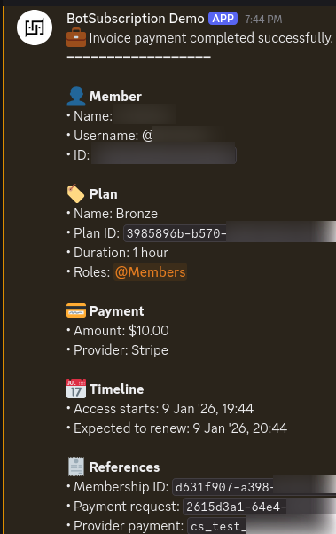 Discord payment bot backoffice showing payment notification with member details, plan info, and transaction data
