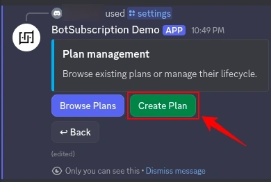 BotSubscription plan management screen with Browse Plans and Create Plan buttons