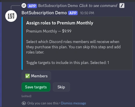 BotSubscription showing selected target with checkmark for subscription plan