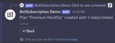 BotSubscription confirmation showing plan created successfully with targets linked