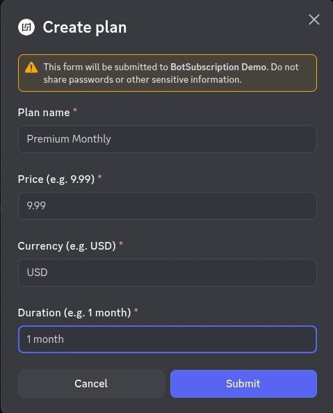 Completed BotSubscription plan form showing Premium Monthly plan at $9.99 USD for 1 month