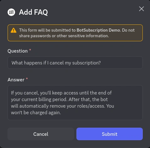Form to add a new FAQ question and answer to the Knowledge Base