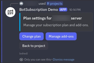 Plan & add-ons screen Discord project management screen showing the Manage add-ons button