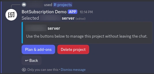 Select a server to manage add-ons Discord /projects menu showing a server selected and the Plan & add-ons button
