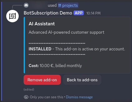 Remove add-on Add-on management screen showing the Remove add-on option
