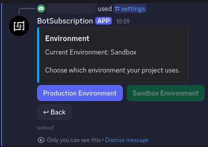 Environment settings menu in bot showing Sandbox and Production options