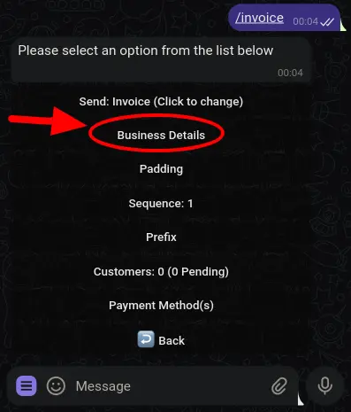 Invoice Configuration Menu highlighting the 'Business Details' button for entering company information.