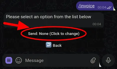 Invoice Configuration Menu showing the 'Send: None' option, indicating no documents are being issued.