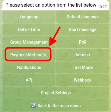 Screenshot of Payment Method(s) option in TGmembership settings