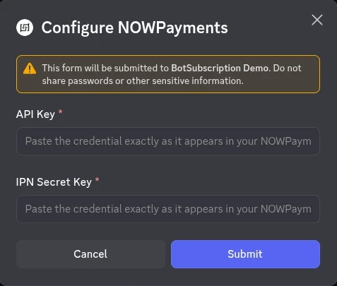 Secure credential form for entering NowPayments API Key and IPN Secret Key to enable Bitcoin and crypto payments