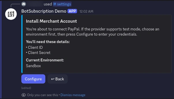 PayPal configuration preview displaying required Client ID and Secret fields