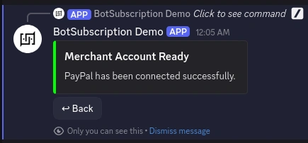 Success confirmation showing PayPal connected to BotSubscription