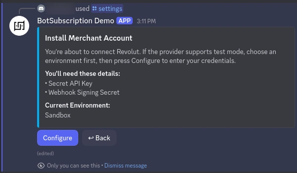 Revolut requirements for BotSubscription setup Revolut configuration preview showing required Public Key and Secret Key fields