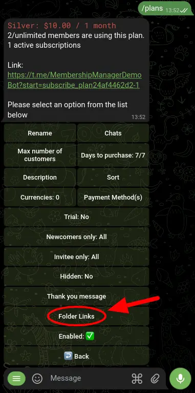 Screenshot demonstrating how to find the 'Folder Links' button in TGmembership