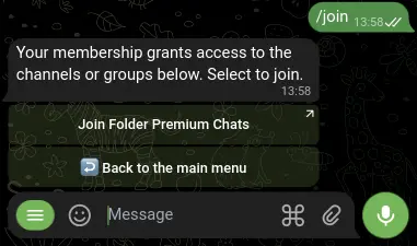 Screenshot of TGmembership bot sending a Chat Folder link to users