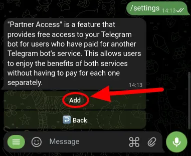 Screenshot of the 'Add' button in the TGmembership Partner Access settings.