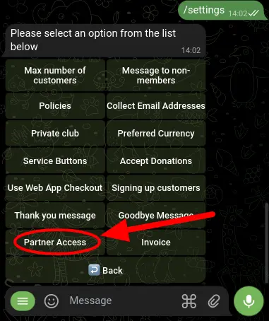 The Partner Access button allows users to link multiple bots and automatically create memberships across all of them