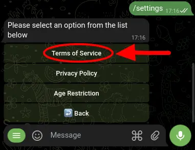 Screenshot of the 'Terms of Service' button in the Policies section of the Project Settings