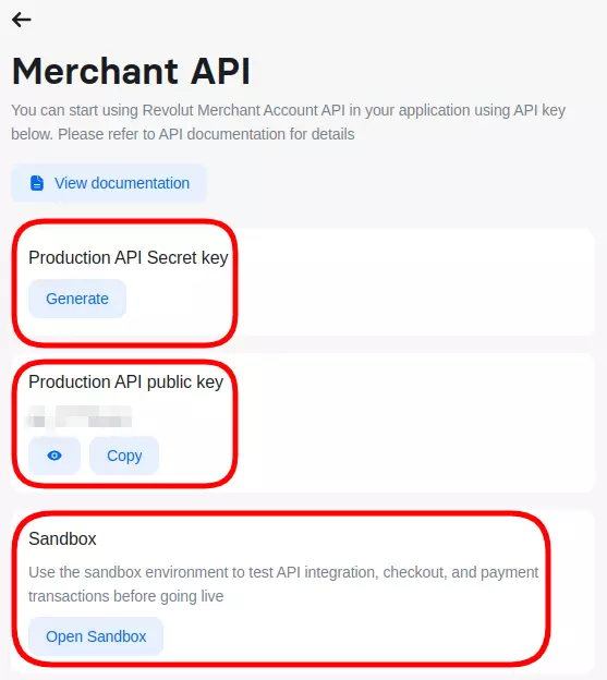 Screenshot of Revolut Merchant API options