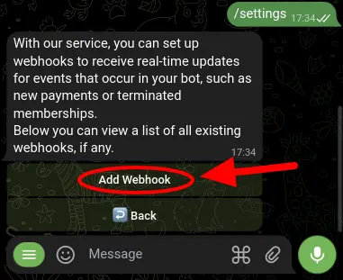 Screenshot of the Telegram bot's 'Webhook' settings menu, with the 'Add Webhook' button highlighted