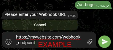 Screenshot of Telegram bot settings with a field for entering a Webhook URL