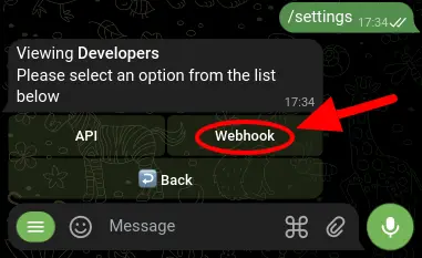 Screenshot of the Telegram bot settings menu with the 'Webhook' submenu highlighted