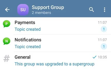 Screenshot of Telegram group chat with Notifications and Payments topics created by TGmembership