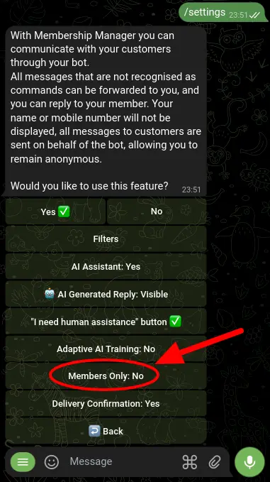 Screenshot illustrating the process in Telegram bot settings to enable exclusive built-in support for paying customers, with the 'Members Only' toggle providing customizable accessibility options.