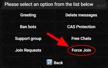 Screenshot showcasing the 'Force Join' option in the Group Management menu of a TGmembership-powered Telegram bot