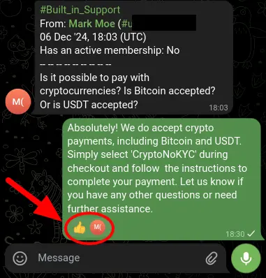 Screenshot capturing the delivery confirmation reaction (👍) from the Telegram bot in response to a sent message.