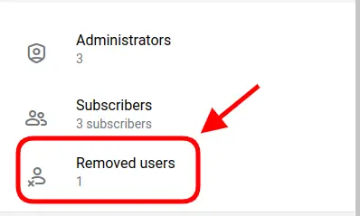 Screenshot of the 'Removed users' menu in Telegram groups.