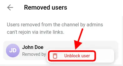 Screenshot of the 'Unblock this user' option in Telegram groups.