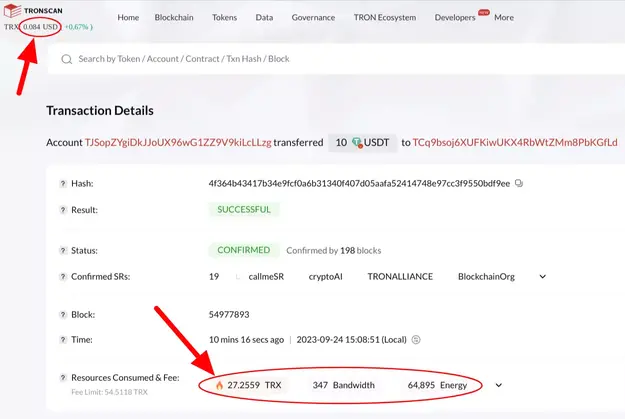 Sample TRX transaction on the Tron blockchain, showing the amount of Energy and Bandwidth used.