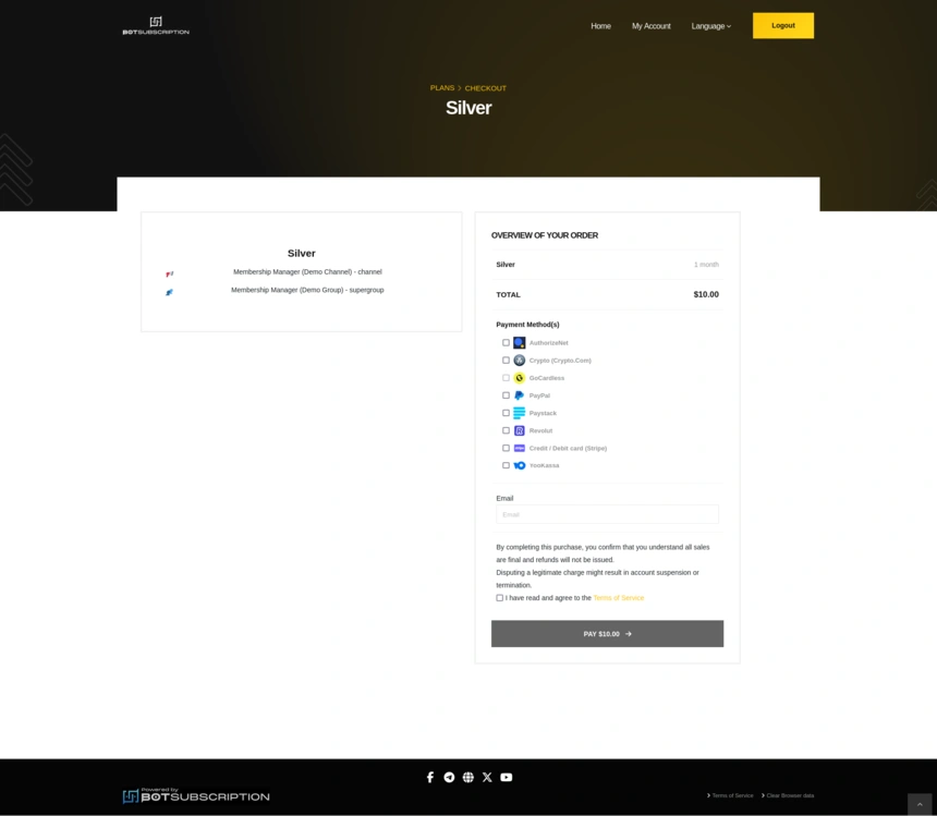 Plan details page showing membership benefits, pricing, and payment methods in TGmembership Web Portals